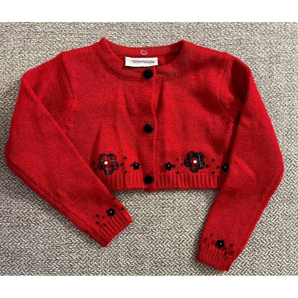 Red Knit Floral Plaid Embroidered Baby Girls 24M Holdait Christmas Cardigan